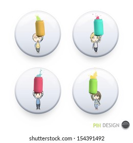 Kids holding colorful cans printed on button. Vector design