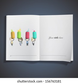 Kids holding colorful cans printed on book. Vector design