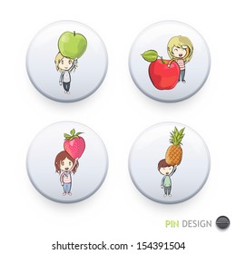 Kids holding colorful fruits printed on button. Vector design