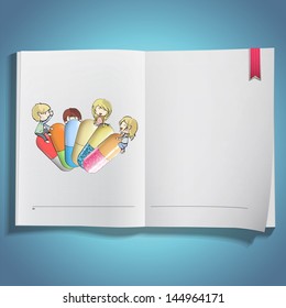 Kids holding colorful pills printed on book. Vector design.