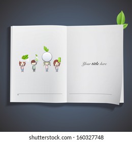 Kids holding eco elements printed on book. Vector design. 