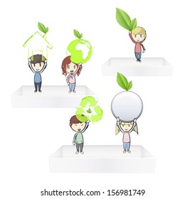 Kids holding ecological icons on white shelves. Vector design