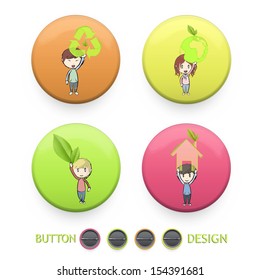 Kids holding ecological icons printed on colorful button. Vector design