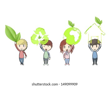 Kids holding ecological icons. Vector design. 