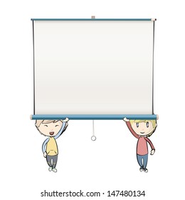 Kids holding empty white projector screen. Vector design 