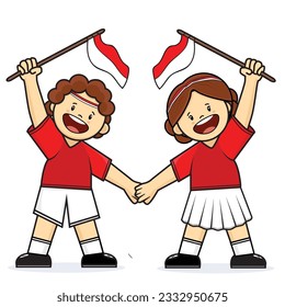 kids holding flag.children holding indonesian flags.Indonesia independence day vector cartoon logo design illustration