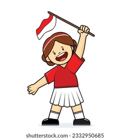 kids holding flag.children holding indonesian flags.Indonesia independence day vector cartoon logo design illustration