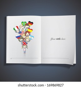 Kids holding flags printed on book. Vector illustration. 