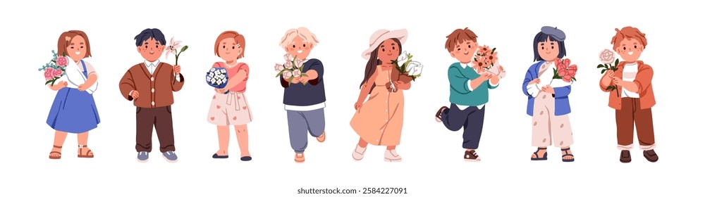 Kids holding flower bouquets set. Happy children presenting floral bunches, tulips, rose blossoms. Cute girls and boys with gifts in hands. Flat vector illustration isolated on white background