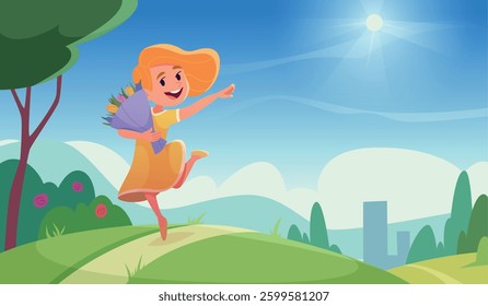 Kids holding flowers. Beautiful colorful bouquets of flowers in kids hands exact vector cartoon background