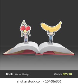 Kids holding fruits inside pop-up book. Vector design 
