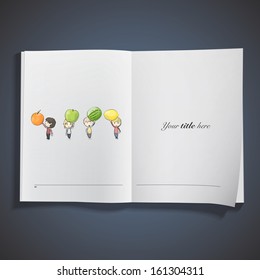 Kids holding fruits printed on book. Vector design. 