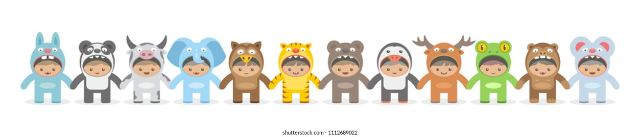 Kids holding hand in Animals costumes, flat style. isolated on white background