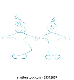Kids holding hand, catoon illustration