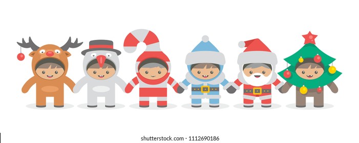 Kids holding hand in Christmas costumes, flat style. isolated on white background