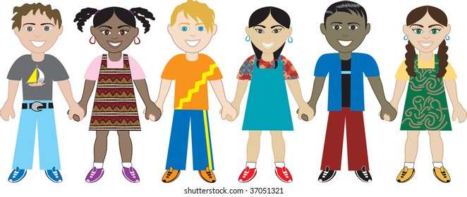 Kids Holding hands 3. Vector of Six Kids from around the world holding hands in unity. Diversity