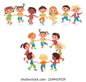 Kids Holding Hands. Childish Chain And Circle. Boys And Girls Lead Round Dance. Kindergarten Game. Friendship And Togetherness. Multicultural Communication. Vector