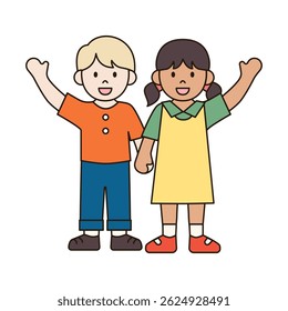 KIDS HOLDING HANDS UP children illustration simple outline drawing character doodle diverse race and ethnicity people cute kawaii style