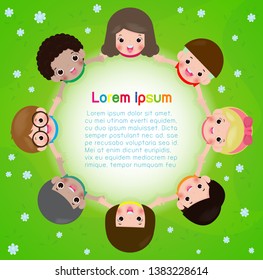 kids holding hands in a circle on the meadow, Children's Day or Earth Day. friendship day. Template for advertising brochure Vector illustration