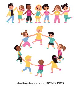 Kids holding hands. Happy multicultural cute preschool children lead round dance together, girls and boys form chain and ring, little friends clasped hands. Vector cartoon flat isolated on white set