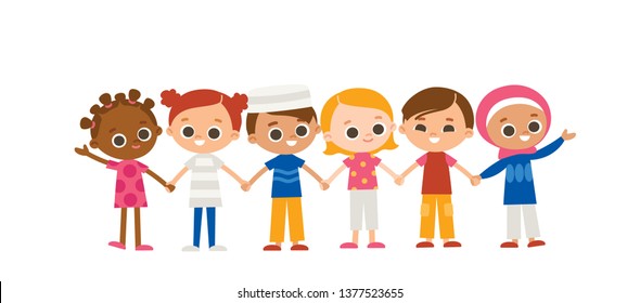 Kids holding hands. International characters. Multicultural concept.
