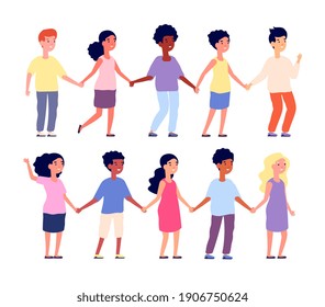 Kids holding hands. Multicultural people, cartoon children friends together. Happy face, isolated kindergarten group, friendship utter vector concept