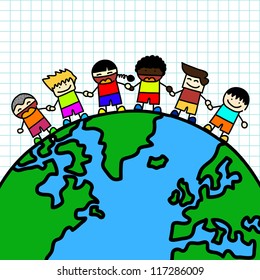 Kids holding hands the planet earth .Vector