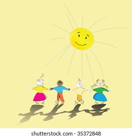  kids holding hands and smiling sun, vector illustration