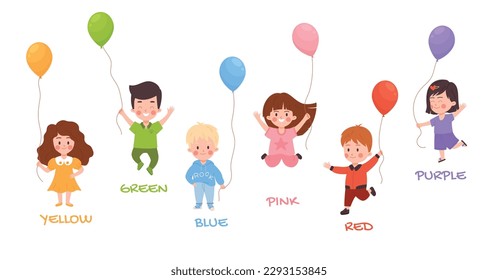 Kids holding helium balloons of different colors, education for children - flat vector illustration isolated on white. Set of boys and girls with air balloons learning colors.