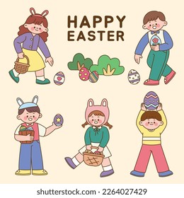 Los niños están sosteniendo y buscando huevos de Pascua. Feliz Día de Pascua. Ilustración vectorial de estilo plano.