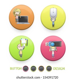 Kids holding mousse, pendrive, diskette, and laptop printed on colorful button. Vector design