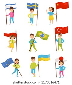 Kids holding national flags of different countries, design elements for Independence Day, Flag Day vector Illustrations on a white background