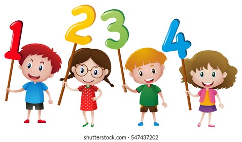 Kids holding numbers on the stick illustration