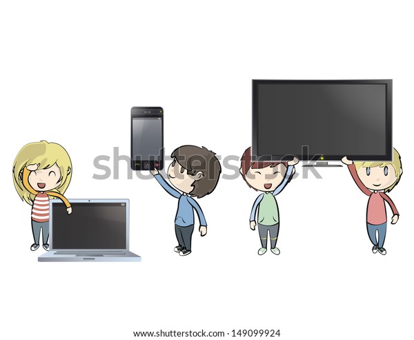 Kids holding PC,\
phone and TV. Vector\
design