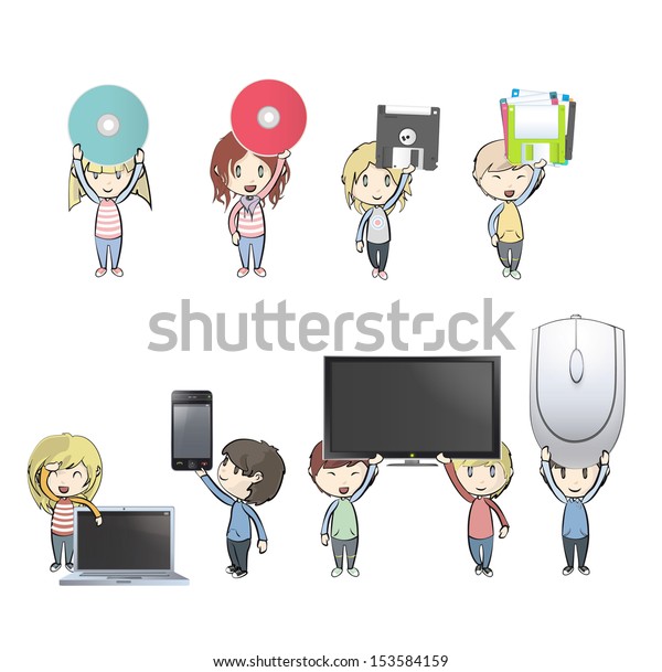Kids holding PC, phone, TV, CD, diskette and mousse.\
Vector design 