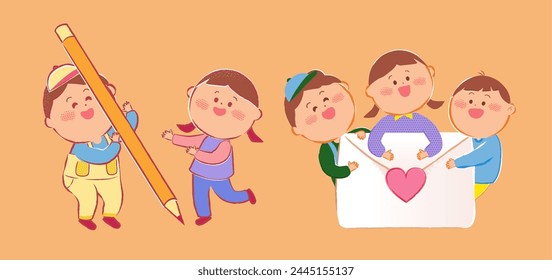Kids holding pencil and gather around love letter isolated on light orange background.
