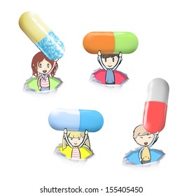 Kids holding pills inside hole papers. Vector design. 