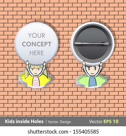 Kids holding pins inside holes paper. Vector design. 