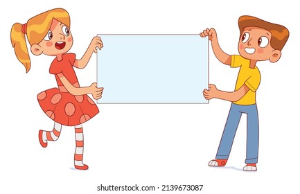 Kids holding poster. Colorful cartoon characters. Funny vector illustration. Template for design. Isolated on white background