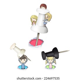 Kids holding pushpins over white background