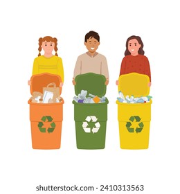 Kids holding recycling bins. Recycling waste. Plastic, metal, glass.