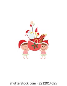 Kids holding Santa sack vector isolated on white background. Perfect for coloring book, textiles, icon, web, painting, books, t-shirt print.