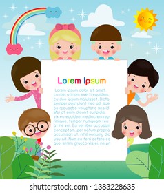 kids holding sign, children peeping behind placard, happy children, Cute little kids on background,Vector Illustration