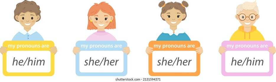 Kids holding signs with different pronouns. English subject pronouns. Set with cute smiling girls and boys on white background. 