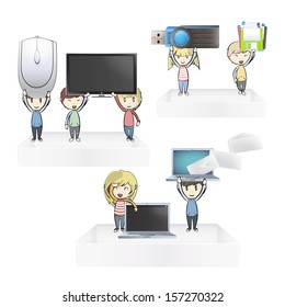 Kids holding technology items on white shelves. Vector design