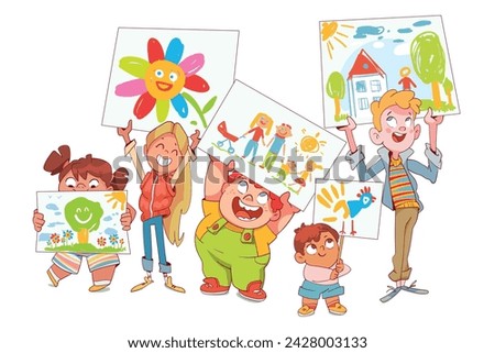 Kids holding their drawings. Show your arts. Children pencil doodles. Colorful cartoon character. Funny vector illustration. Isolated white background