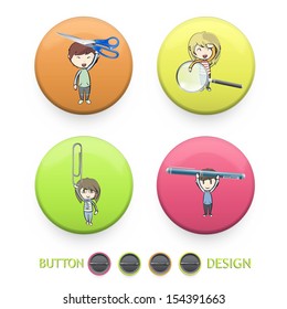 Kids holding tools printed on colorful button. Vector design