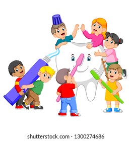 Kids Holding Toothpaste and Toothbrush Standing with a Big White Tooth