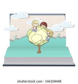 Kids holding tree on book. Vector design.