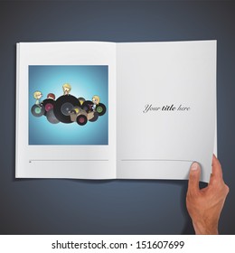 Kids holding vinyl printed on book. Vector design